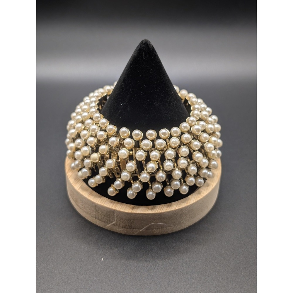 Faux Pearl Beaded Cuff Bracelet Gold Tone White Stretch Womens Statement